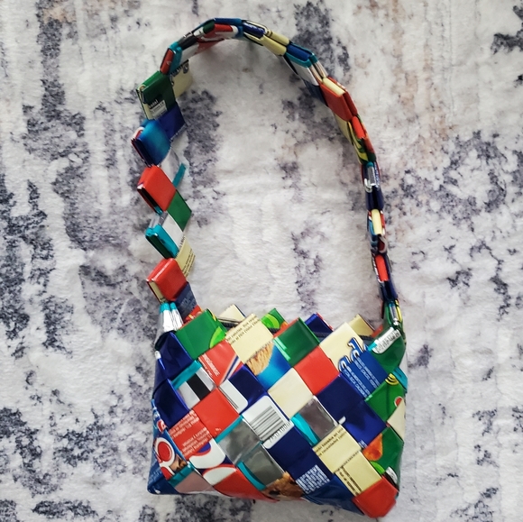 Recycled Wrapper Mini Purse Handbag 5" x 4", bright, multicolor, unique - Picture 8 of 8